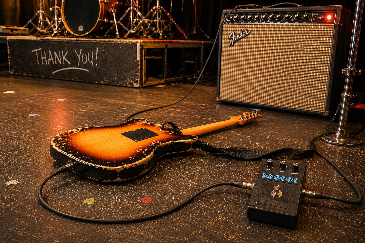 Guitar pedal on stage at a concert